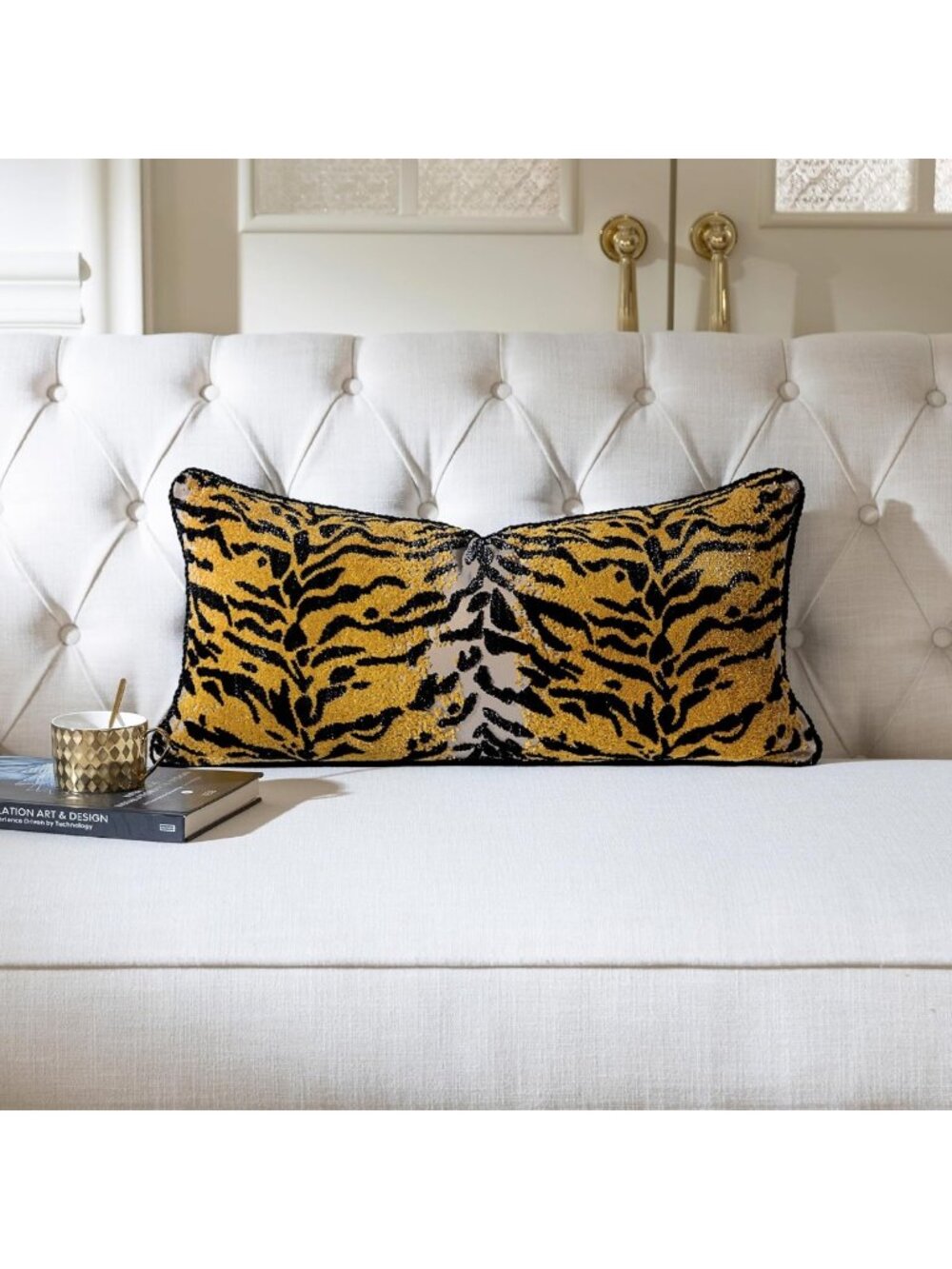 Stylish Cut-Pile Tiger Print Lumbar Pillow Cover 13x26 Inch Yellow & Black